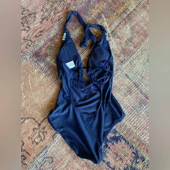 Kona sol deep v navy with white embroidery one piece swimsuit SMALL - Picture 3 of 3